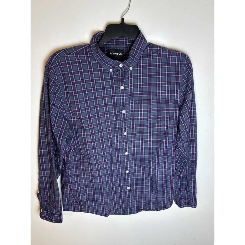 Bonobos Mens Slim Fit Button Up Shirt Size lg Purple Gray Plaid Long Sleeve